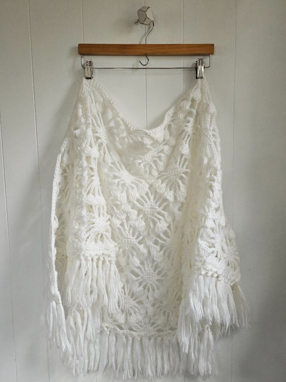 White Crochet Fringe Wrap Scarf